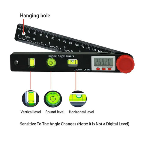 Hella Precise Digital Angle Finder Ruler Featuring LCD Screen With Three Sixty Degree Range Plus Locking Mechanism For Woodworking Construction And Miter Saw DIY Tasks Delivers Sweet Accuracy Every Time showing levels and display.