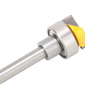 Premium Carbide Router Bit Template For Woodworking Pros With 1/4 Inch Shank and Coated Body; close-up of carbide bit.