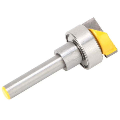 Premium Carbide Router Bit Template For Woodworking Pros With 1/4 Inch Shank and Coated Body; close-up of carbide bit.