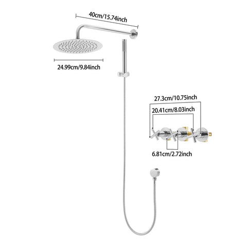 Wall Mounted Shower System 10 Inch Rainfall Shower with Handheld Spray showing dimensions and sleek design.