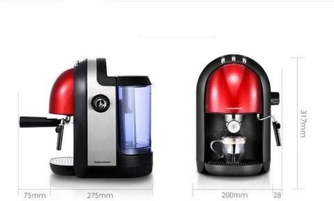 Home Espresso Machine With 15 Bar Constant Pressure Extraction, 0.5mm Fine Filtration, shown in side and front view