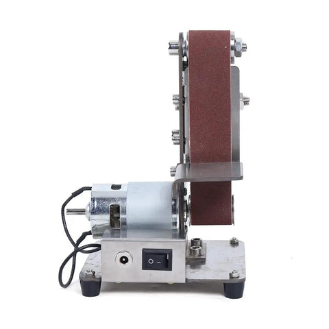 Heavy Duty Stainless Steel 100W Electric Belt Sander featuring variable 4500 to 9000 rpm settings side view with motor and belt.