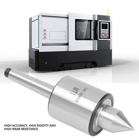 MT1 triple-bearing live center for metal lathe; silver hard alloy steel with conical tip, 600 lb load capacity.