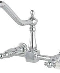 Polished Chrome Wall Mount Bridge Kitchen Faucet With Solid Brass Build Drip Free Ceramic Disc Cartridge ADA Lever Handles Two Hole