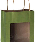 Green Kraft Paper Gift Bags With Handles, Clear Window, Medium Size, 200 Pack Bulk Party Favor Bags for Kids, 7.75 x 6.25 x 3 Inches