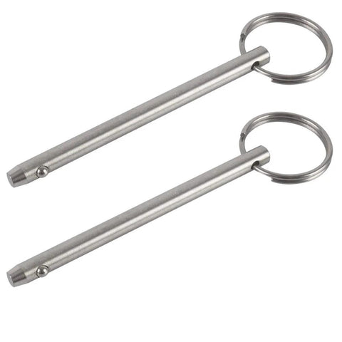 Two 316 stainless steel quick-release pins with rings for marine hardware, 1/4 in diameter and 3.75 in overall length.