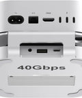 Heavy Hitter Mac Mini M4 Stand Hub Delivering 40Gbps Thunderbolt Expandability with ports and connections on silver design.