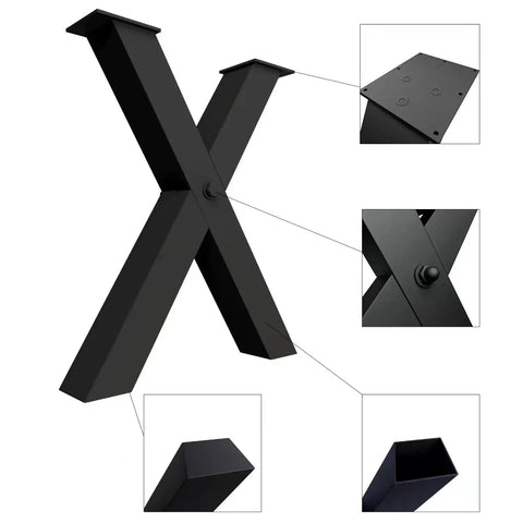 Beefy Heavy Duty 28 Inch black metal table legs X-frame design with close-up details of mounting plate and rust-resistant finish
