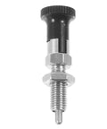 Heavy Hitter Stainless Steel Spring Plunger Pin With Knurled Handle Retractable Self Locking Positioning Stop, front view.