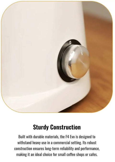 Next Level Electric Burr Coffee Grinder With 58mm Flat Stainless Steel Burrs And Quick Touchscreen Panel For Dead Simple Espresso Prep In A Built Tough White Frame close-up of dial control on robust white body.