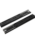 Bottom Mounted Metal Buffer Drawer Slides Two Pack Concealed Cabinet Tracks Heavy Duty Steel Construction close-up view of drawer slides.