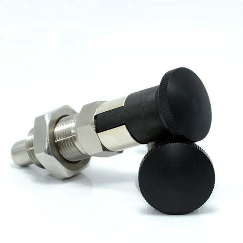 Slick Heavy Duty Stainless Steel Retractable Plunger Lock Pin For Toolbox Slot Locator With Quick Release Pull Ring. Close-up view.