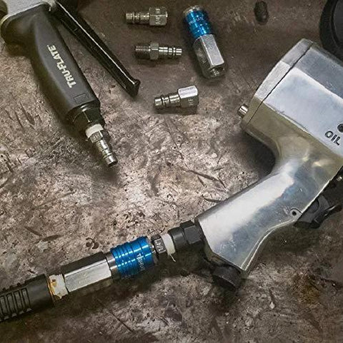 Tru-Flate 13-907 1/4 in HI-FLO aluminum plug/coupler set with blue fittings and air tool on workbench