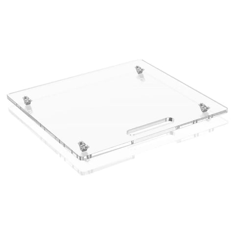 Clear acrylic platform for Dead Simple Professional Coffee Maker Sliding Tray With Grease Resistant Rubber Wheels And Sturdy Grip Handle.