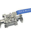 Sanitary 1/2-inch ball valve with blue lever, 304 stainless steel, tri-clamp ends (1.5 in TC).