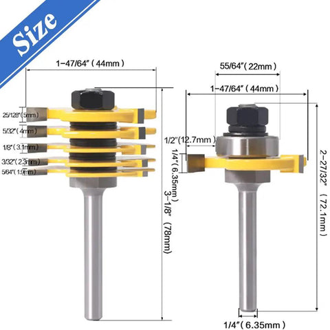 Two Piece Slot Cutter Router Bit Set With Bearings One Quarter Inch Shank Six Cutting Widths For Precise Grooves dimensions