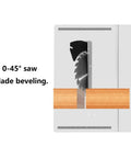 Hustle Ready 8 Inch Mini Table Saw Benchtop Miter Cutter showing 0-45° blade beveled for precise angle cuts on wood.