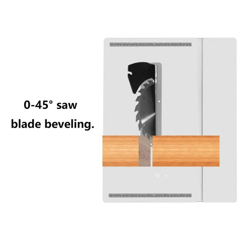 Hustle Ready 8 Inch Mini Table Saw Benchtop Miter Cutter showing 0-45° blade beveled for precise angle cuts on wood.