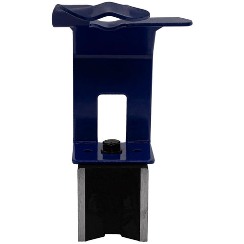 Blue metal MIG welding torch holder with magnetic base and mounting plate.