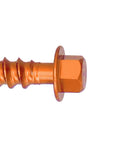 Close-up of anodized aluminum self tapping screw, orange, part of 10 pieces kit for 125 150 200 EXC XC SXF EXCF XCF motorcycles.