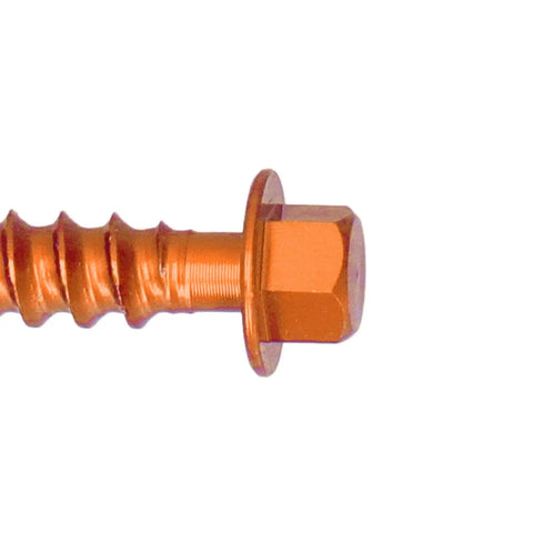 Close-up of anodized aluminum self tapping screw, orange, part of 10 pieces kit for 125 150 200 EXC XC SXF EXCF XCF motorcycles.