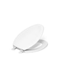 Stonewood Elongated Wood Toilet Seat With White Lid And Color Matched Hinges Built To Last Compression Molded Wood For Standard Toilets Easy Install Soft Close Sleek Honed White Finish angled view