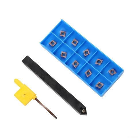 Premium Lathe Turning Tool Set With SCMCN1010H06 Holder And Ten CCMT060204 Carbide Inserts, includes holder and ten inserts in box.