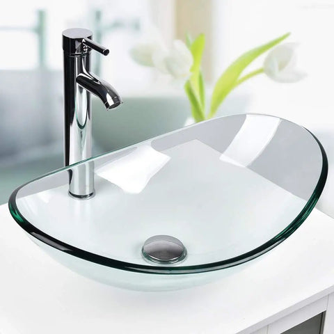 Boat Shape Glass Vessel Sink With Free Oil Rubbed Bronze Faucet And Pop Up Drain In Blue For Modern Bathrooms, angled view