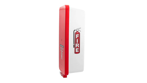 Heavy Duty White Outdoor Fire Extinguisher Cabinet With Red Pull Cover For Standard 10 Pound Units Built Tough Exterior Lock Box Surface Mounted Rock Solid Safety Storage Container