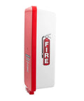 Three Pack White Surface Mounted Fire Extinguisher Cabinet With Red Pull Cover for outdoor use, featuring white polystyrene and clear window.