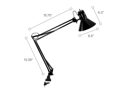 LED Swing Arm Desk Lamp With Clamp Mount And 36 Inch Reach, Includes Replaceable LED Bulb, All Metal Construction, Black, Side View