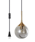 Mid Century Modern Brushed Gold Pendant Light With Plug In Cord, Smoke Gray Glass Globe, Retro Brass Fixture