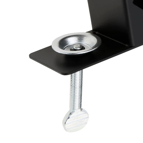 Close-up of adjustable Deck Torch Clamp Bracket Set for Outdoor Mounting on Porch Rail Table Fence, black powder coated
