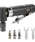 Lightweight One Quarter Inch Air Powered Right Angle Die Grinder with accessories for metal prep and woodworking.