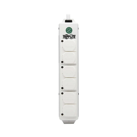 Front view of Go-To Safe-IT 6-Outlet Hospital-Grade Medical Power Strip for Patient Care Areas with outlet safety covers.