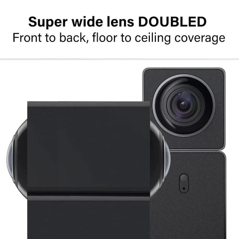 Full Coverage 360 Indoor Security Camera With Two Way Audio, 1080p HD Live Video, showing dual super wide lenses for full room view