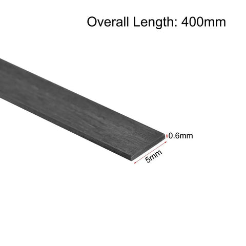 Carbon Fiber Strip Bars 0.6x5mm 400mm Pultruded Carbon Fiber Strips Ideal For Kites And RC Airplanes, product dimensions displayed.