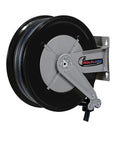 Automatic Grease Hose Reel Delivering Sixty Feet Of Hella Durable Black Rubber Tubing With Tough Galvanized Connections And A Snappy Swivel Joint Built For Heavy Duty Grind mounted on a wall.