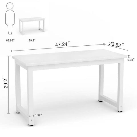 Modern 47 Inch White Computer Desk For Home Office With Wide 24 Inch Desktop And Stable Metal Legs With Adjustable Floor Pads Built For Your Setup And Great For Computer Monitor Printer Writing And Study