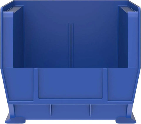 Blue Stackable Plastic Storage Bin front view for Garage Pantry and Craft Organization, 15 by 8 by 7 inches, durable and space-saving.