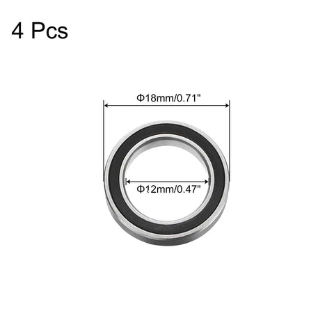 Deep Groove Ball Bearing Set 12 x 18 x 4mm With Double Rubber Seal Chrome Steel Black 4 Pack for small motors and RC cars.