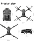 Dope 4K Dual Camera Foldable Drone For Beginners And Families showing dimensions and foldable design with propeller guards.
