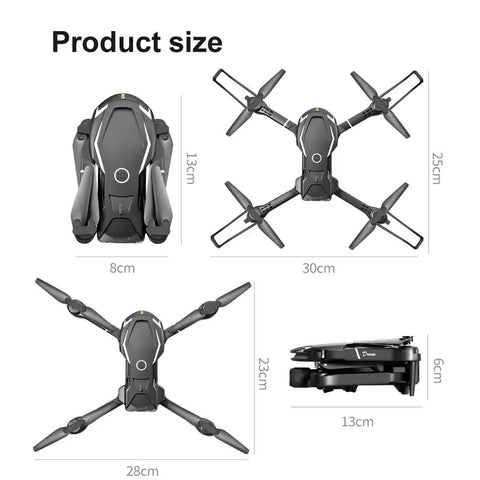 Dope 4K Dual Camera Foldable Drone For Beginners And Families showing dimensions and foldable design with propeller guards.