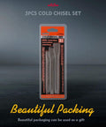 Front view of HORUSDY 3-piece cold chisel set in blister pack; 3/8, 1/2, 5/8 in; drop-forged Cr-V steel