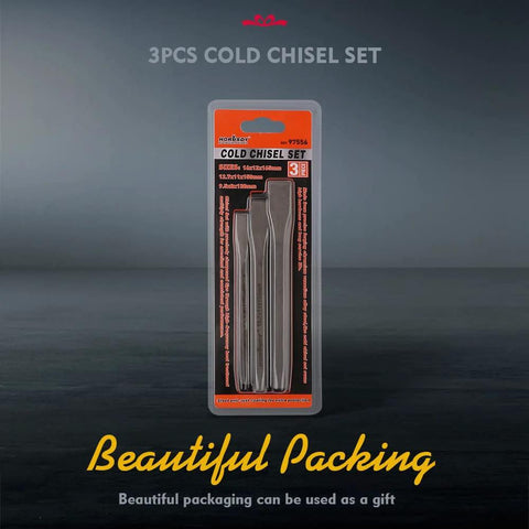 Front view of HORUSDY 3-piece cold chisel set in blister pack; 3/8, 1/2, 5/8 in; drop-forged Cr-V steel