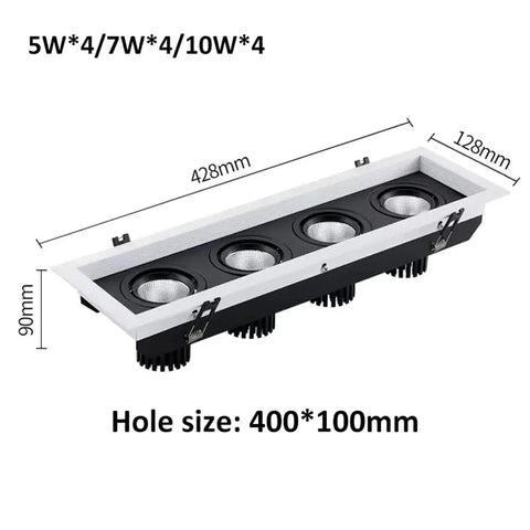4 Pack Adjustable Recessed Led Downlights With Snap Swivel Angles And Clean Aluminum Trim, dimensions 428mm x 128mm, fitted for 400*100mm hole.