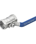 Heavy Duty Stainless Steel Ball Valve For Plumbing Lines Features A Crank Style Handle, 1 inch size with blue handle, ideal for plumbing.
