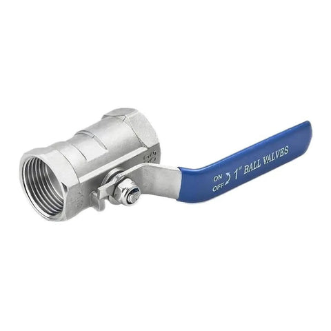 Heavy Duty Stainless Steel Ball Valve For Plumbing Lines Features A Crank Style Handle, 1 inch size with blue handle, ideal for plumbing.