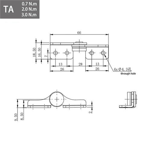 Front view of TA-left damping hinge, 304 stainless steel, 2.0 N·m torque, 1 pc