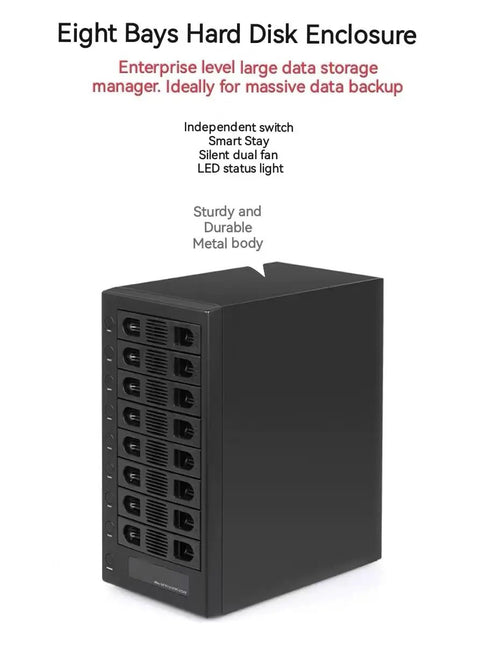 Eight Bay External Sata Hard Drive Enclosure Features No Sweat Setup With Hot Swap Trays And Smart Cooling Fan For Lightning Fast Usb Three Gigabit File Swaps And Smooth Data Transfers, sturdy metal design.